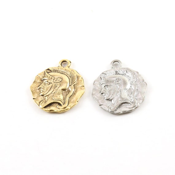 Detailed Raised Roman Gladiator Coin Round Circle Pendant 25mm x 21mm in Antique Gold, Antique Silver