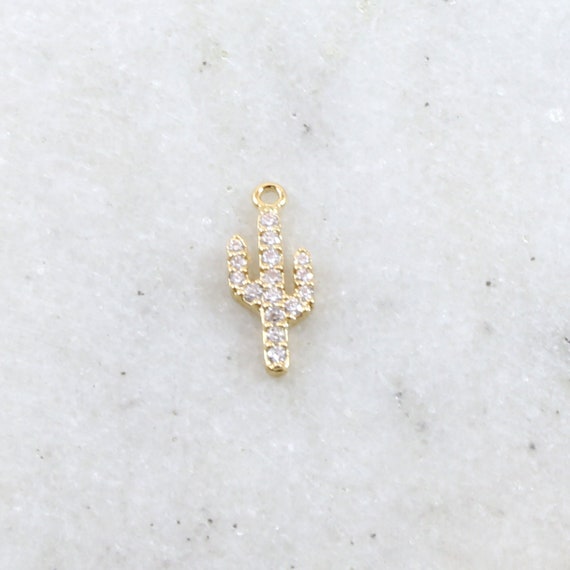 Tiny Cactus Pave CZ Charm Cubic Zirconia Gold Plated Pendant Southwestern Desert Charm Summer Vacation Nature Plant Charm