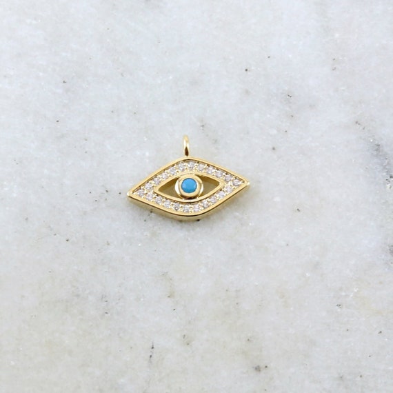 Gold Pave CZ Evil Eye Pendant Charm with Turquoise Blue Stone Sideways Loop Protector Rhodium Plated Necklace Charm