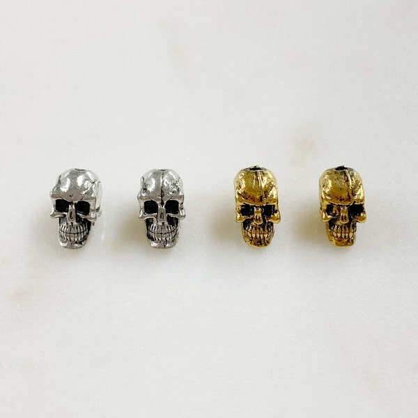 2 Pieces Pewter Small Skull Head Bead Vertical Hole Pendant Halloween Skeletons Day of the Dead Charm in Antique Gold, Antique Silver
