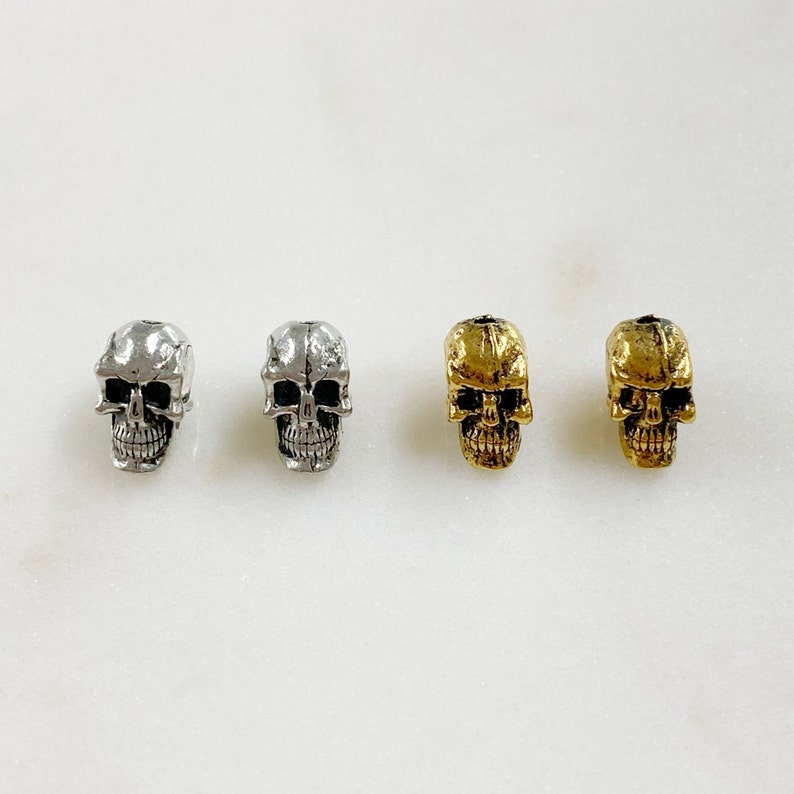 2 Pieces Pewter Small Skull Head Bead Vertical Hole Pendant Halloween Skeletons Day of the Dead Charm in Antique Gold, Antique Silver image 1