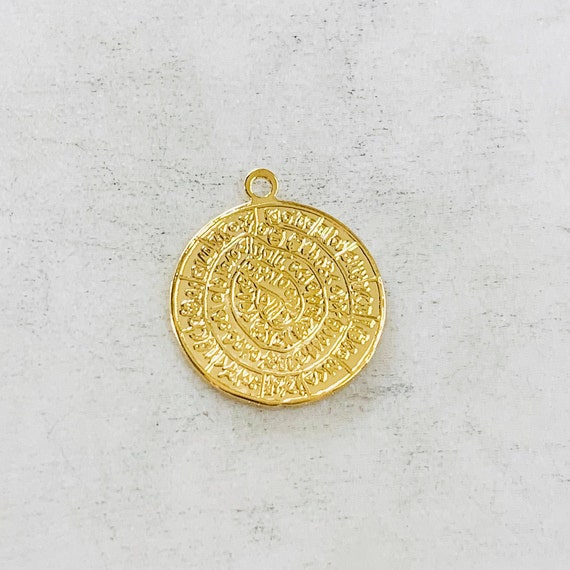 Ancient Script Coin Double Sided Round Medallion Charm Vermeil Gold Disc Coin Necklace Charm Pendant
