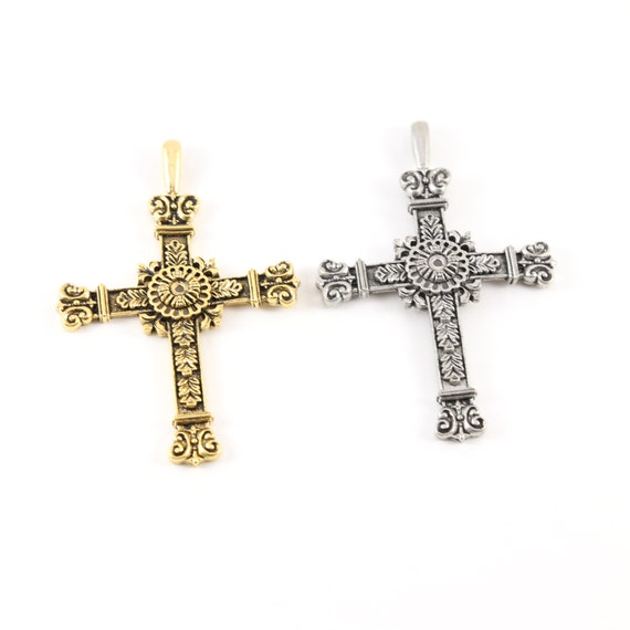 Extra Large Detailed Cross Pendant Pewter Religious Spiritual Catholic Necklace Charm 77mm x 50mm in Antique Gold or Antique Silver