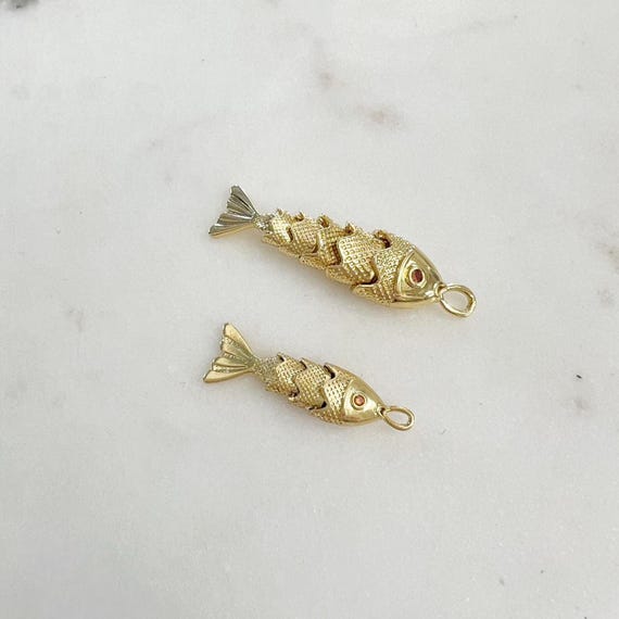 Detailed Gold Plated with Orange Cubic Zirconia Eye Moveable  Fish Pendant, Beach, Ocean Fish Charm, Animal Mammal Pedant
