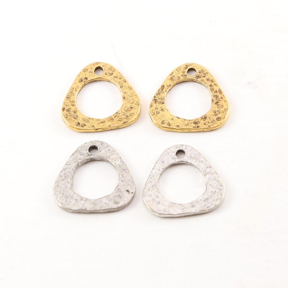 2 Pieces Pewter Metal Textured Open Circle Triangle Connector Stamping Blank Single Hole Pendant In Antique Gold, Antique Silver