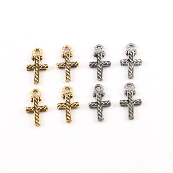 4 Pieces Small Cross with Lined Detailing Pewter Base Metal Small Dainty Charm Pendant Religious Spiritual Catholic Christianity Charm