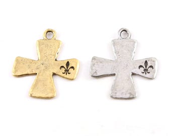Fleur de lis stamped edge cross pendant pewter religious spiritual catholic necklace charm 25mm x 30mm in antique gold or antique silver