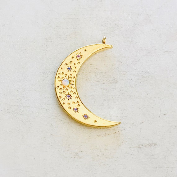 Celestial Opal Crescent Moon Star Pendant Gold Plated CZ Charm Pendant, Cubic Zirconia, Moon Jewelry, Star Jewelry