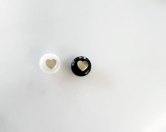 1 piece cute round acrylic bead with gold center heart choose your color white pearly or black, jewelry making supply love heart bead