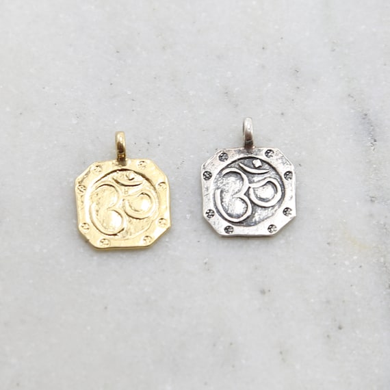 Om Ohm Octagon Buddha Mantra Yoga Charm Pendant in Sterling Silver or Vermeil
