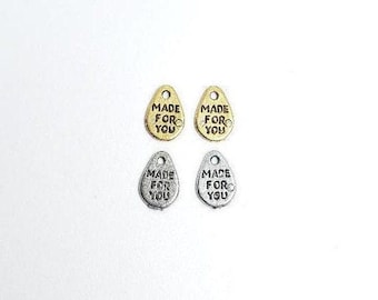 2 pieces pewter tear drop shape made with love stamped word charm inspiration pendant antique gold, antique silver