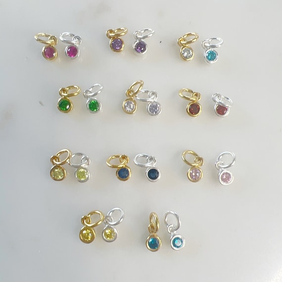 Tiny Dainty Sterling Silver, Vermeil, CZ Cubic Zirconia 3mm Charm Drop Round Small  Birthstones