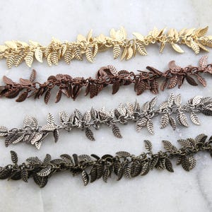 Base metal tiny dangle leaf chain in antique silver, antique copper, antique brass, matte gold / chain by the foot