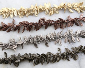 Base metal tiny dangle leaf chain in antique silver, antique copper, antique brass, matte gold / chain by the foot