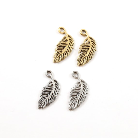 2 Pieces Pewter Small Minimal Modern Feather Charm Jewelry Making Supplies Necklace Pendant Antique Gold, Antique Silver