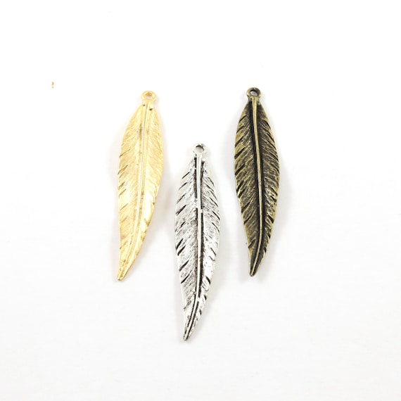 Pewter Large Modern Feather Charm Jewelry Making Supplies Necklace Pendant Matte Gold, Silver, Brass