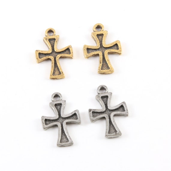 2 Pieces Pewter Base Metal Indented Cross Charm Pendant Religious Spiritual Catholic Christianity Necklace Charm