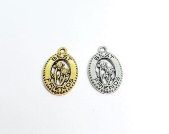 1 pewter best friends oval in gold or silver, flowers, pendant, charm, bffs, sisters, earring components
