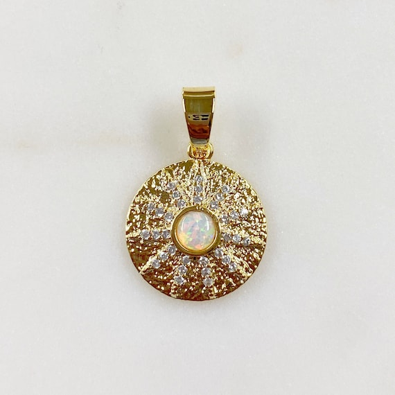 1 Piece Unique 10 Point CZ Pave Charm Gold Plated Lab Created Opal Drop CZ Sun Coin Charm