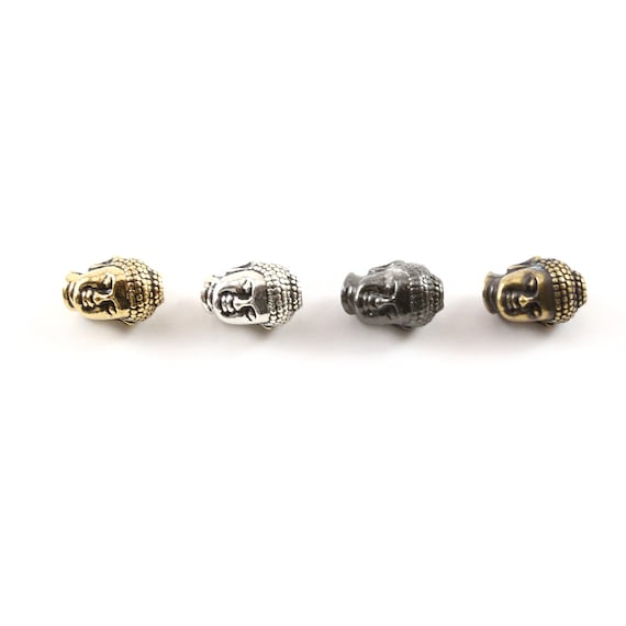 Thick 3D Buddha Head Bead Pewter Buddha Mantra Yoga Religious Spiritual Pendant 13mm x 8mm in Antique Gold, Antique Silver