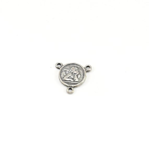 Small Angel Coin Little Disk 3 way Y Connector Charm Sterling Silver Cherub with Wings Religious Charm