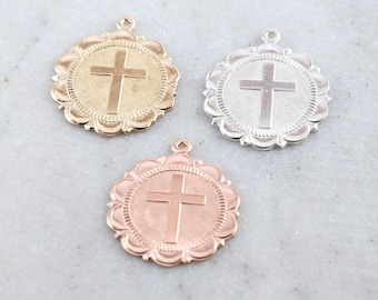 Large Cross Scalloped Edged, Decorative Edge, Round Coin Medallion Pendant in Sterling Silver, 14K Gold Filled, Rose Gold Catholic Charms