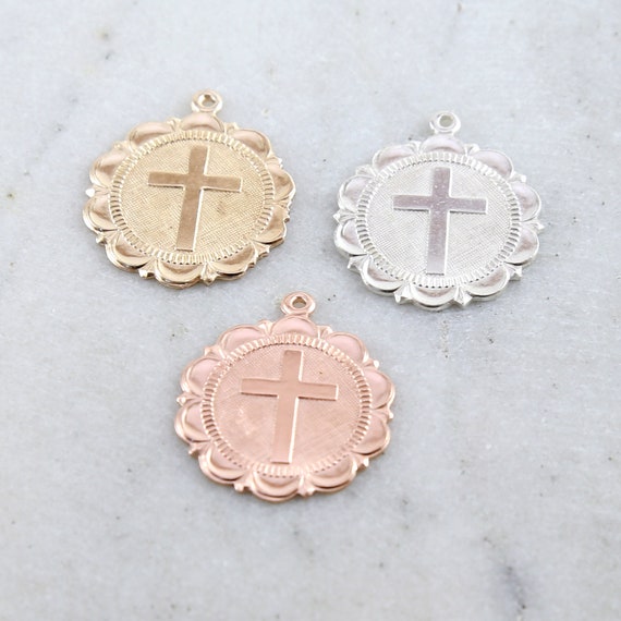 Large Cross Scalloped Edged, Decorative Edge, Round Coin Medallion Pendant in Sterling Silver, 14K Gold Filled, Rose Gold Catholic Charms