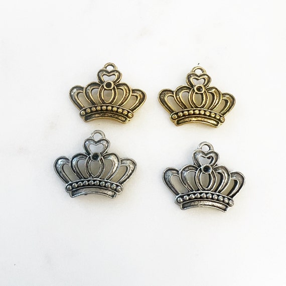 2 Pieces Medium Pewter Crown Royalty, Queen, Princess  Charm with Loop in Antique Gold or Antique Silver