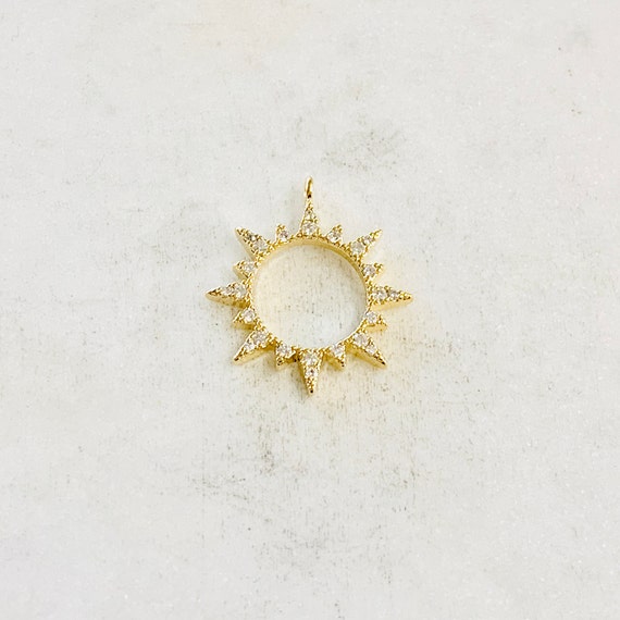 Cubic Zirconia Starburst Sun Charm Round Circle Drop Charm Pendant Celestial Jewelry Star Coin, Star Disc, Gold Coin 20mm Gold Plated Charm