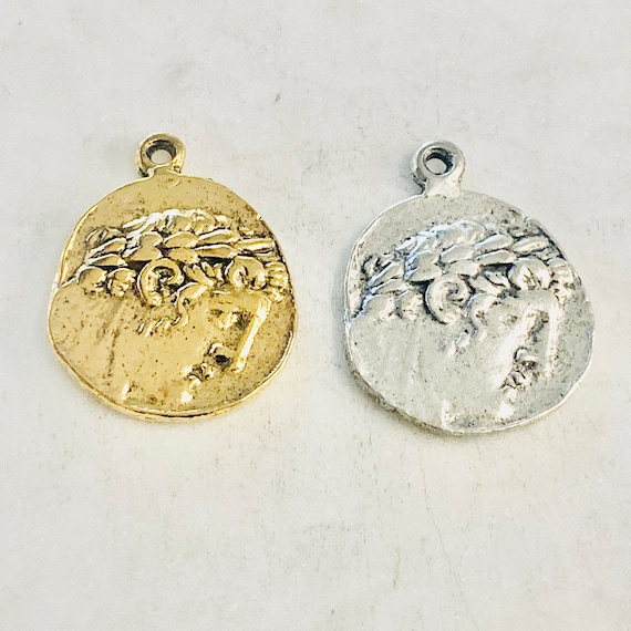 Ancient Greek Coin Double Sided Eagle Medallion Charm Pendant Pewter in Antique Gold, Antique Silver