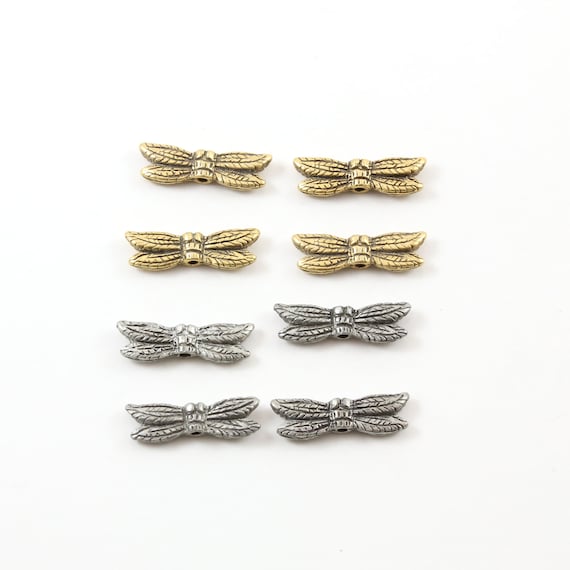 4 Pieces Large Pewter Flying Dragonfly Bead Wings Fantasy Pendant Inspirational Insect Pendant, Antique silver