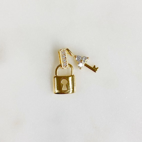 Cute Lock And Key CZ Pave Charm Gold Plated Lock CZ Key And Hook, 1 Piece