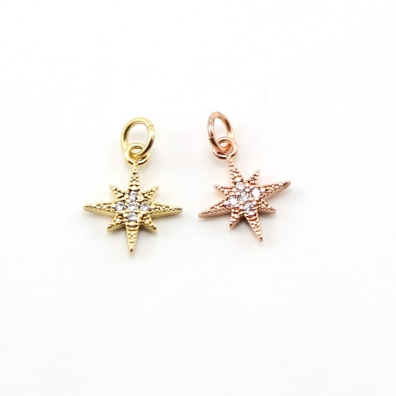 Small Pointed Pave Star Starburst CZ Rhodium Plated Celestial Charm in Gold or Rose Gold