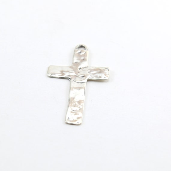 Sterling Silver Large Hammered Textured Flat Cross Charm Pendant Religious Spiritual Catholic Pendant