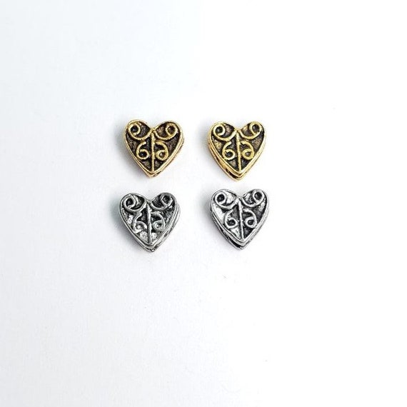 2 Pieces Pewter Thick Detailed With Swirl Curly Cue Design  Heart Shape Bead Double Sided  Love Bead Charm Antique Gold, Antique Silver