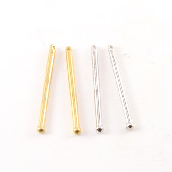 2 Pieces Pewter Metal Medium 32mm x 2mm Bar Drop Charm with Ball End in Gold or Silver