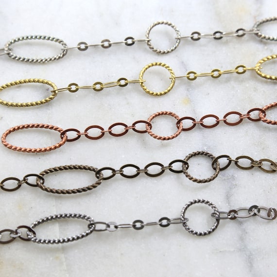 Base Metal Unique Textured Oval Circle and Flat Chain in 5 Finishes Nickel Lead Free / Chain By the Foot