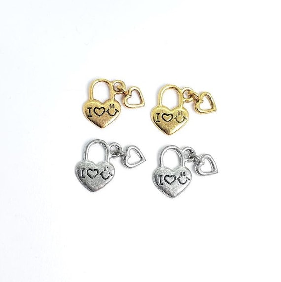 2 Pieces Pewter I Heart You Lock Charm Unique With Dangling Open Heart Charm Antique Gold, Antique Silver