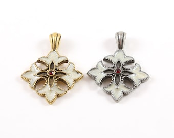 Pretty white enamel fleur de lis pendant with red crystal center pewter necklace charm 27mm x 35mm in antique gold or antique silver