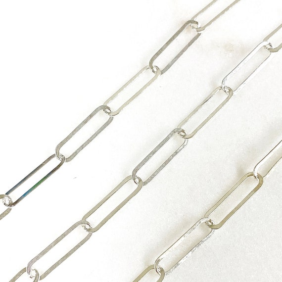 15mm x 4mm Thin Elongated Flat Drawn Rectangle Cable Box Chain Sterling Silver Sold By the Foot/ Bulk Unfinished Chain Paperclip Chain