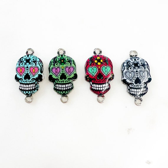 Colorful Detailed Day of The Dead Skull Connector Link Charm Enamel Skull Silver Plated