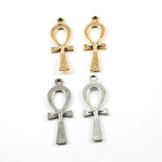 2 Pieces Extra Large Egyptian Ankh Life Charm with Raised Center Pewter Base Metal Antique Silver Antique Gold