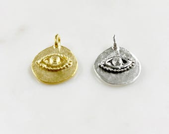 Pewter evil eye charm metal pendant in matte gold or matte silver protection charm