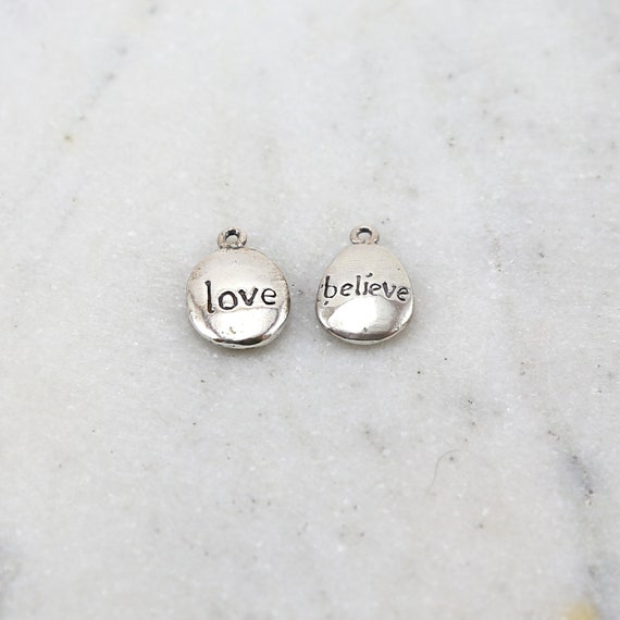Sterling Silver Love or Believe Stamped Organic Shape Rounded Oval Charm Friendship Mom Sister Pendant