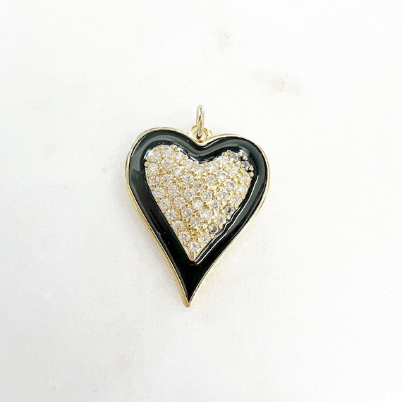 Gold Plated Heart Cubic Zirconia Black Enamel Detail Charm
