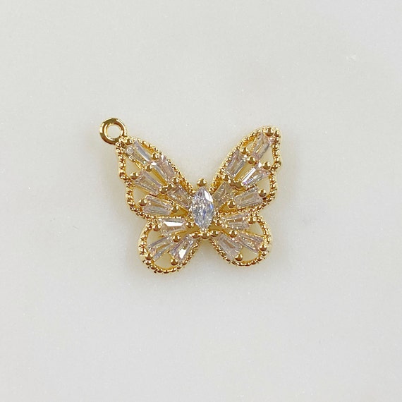 Baguette Butterfly Charm Gold Plated Baguette Shaped CZ Butterfly Charm