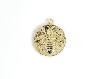 17 mm Bumble Bee Vintage, Mässing, Förgylld Myntberlock, Hänge, Polerat Guld, Mynt
