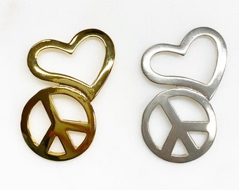 Vermeil Or Sterling Silver Large Bent Peace Sign and Heart Bracelet Pendant Connector Hippie Love 60's Charm