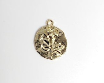 18 mm Vintage Rose, Brass ,Gold Plated Coin Charm, Pendant, Polished Gold, Coin