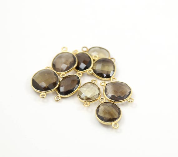 Raw Shaped Smokey Quartz Faceted Gemstone Gold Plated over Sterling Bezel Connector Charm